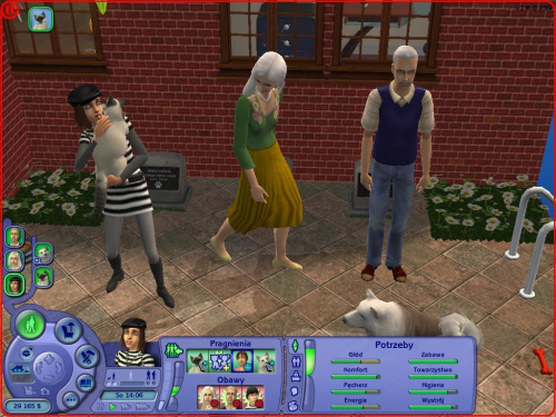 Starsi i ich córka Amelia. Z tyłu są groby Bąblla, Kalarepki i Kory. Na rękach jest Mimi a obok Azor. :D #Sims2 #Zwierzaki